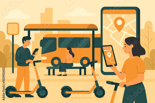 Scene vector smart mobility icon bus style electric letters no renting cyrillic