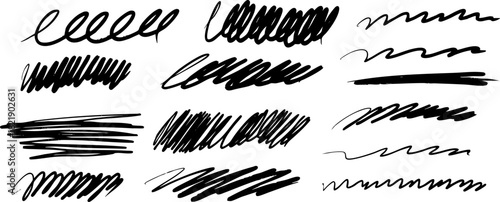 Set of hand-drawn black ink scribble strokes, rough sketch lines and doodle elements on a transparent background, featuring messy curves, loops and bold marker lines