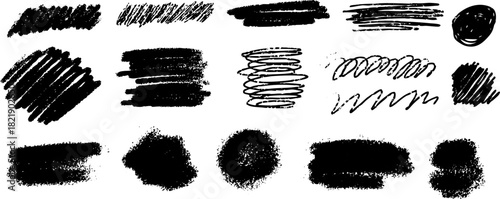 Set of hand-drawn black ink brush strokes, scribbles and textured shapes on a transparent background, featuring rough lines, grainy marks and artistic sketch elements