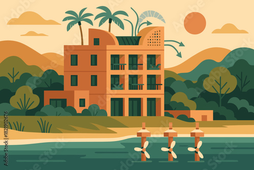 Typography text eco coastal friendly labels icon energy negative no cooling system