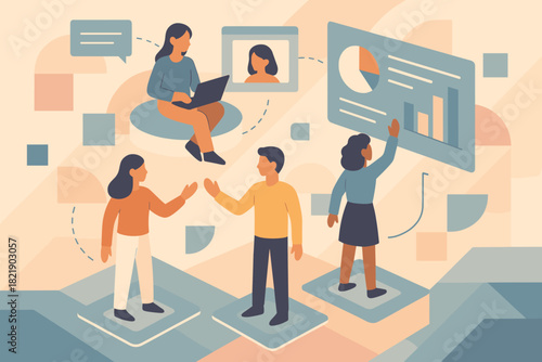 Emojis holographic digital labels collaboration numbers no icon warm bubbles platforms scene