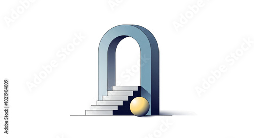 Modern abstract staircase with archway and sphere, a minimalist design for creative projects, conceptual art, and contemporary presentations