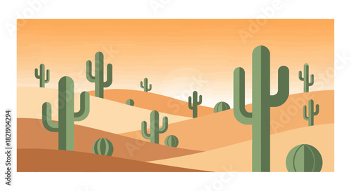 Warm desert landscape with cactuses under soft orange sky, perfect for travel, nature, and southwestern themed projects, inviting a sense of adventure