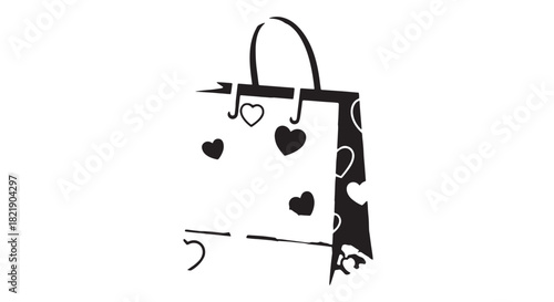 Stylized shopping bag illustration with heart motifs and playful handle.