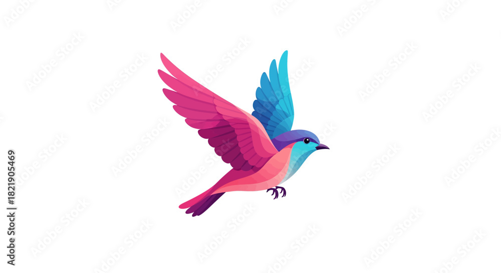 Obraz premium Vibrant bird soars with wings spread in beautiful gradient of pink, blue, and purple, a symbol of freedom, peace, and joy for nature lovers everywhere