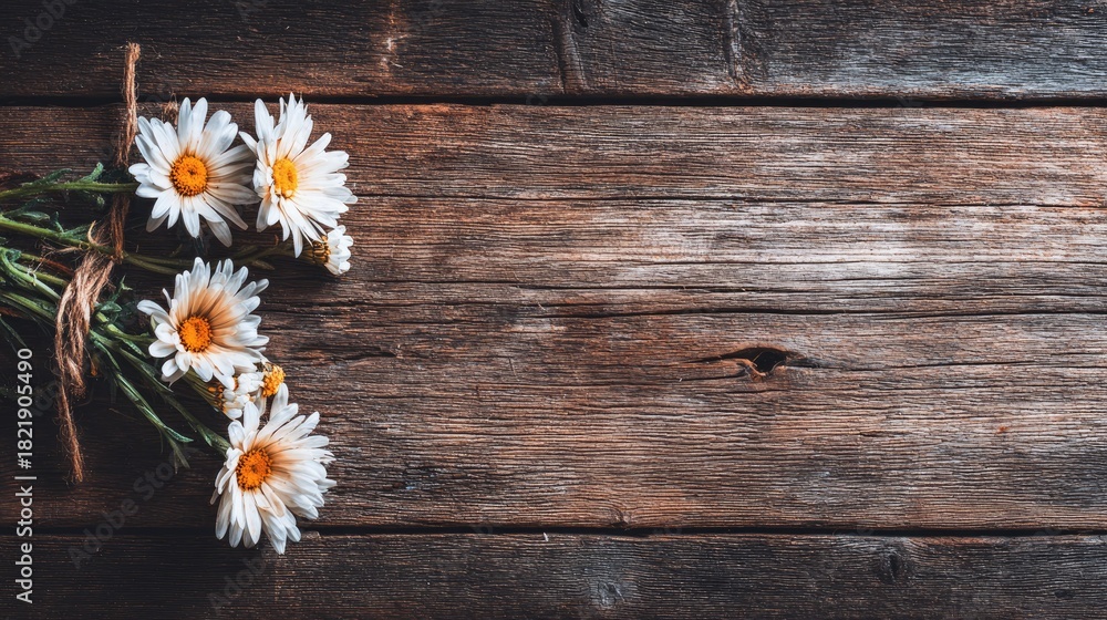 Obraz premium Bouquet of white field flowers rests upon a rustic wooden surface