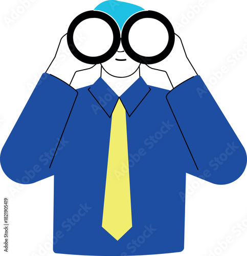 A man in a blue shirt and yellow tie is looking through a pair of glasses