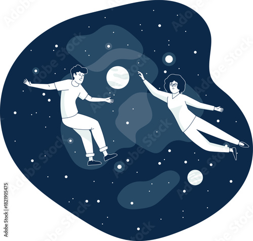 A man and woman are floating in space, holding hands and looking at a ball