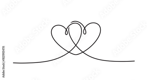 Minimalist continuous line drawing of two intertwined hearts symbolizing love and unity.