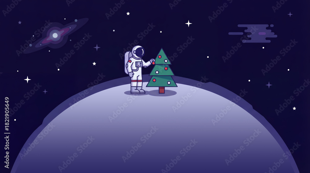 Naklejka premium Astronaut decorating Christmas tree on the Moon