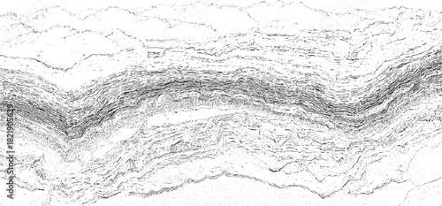 Black and white abstract geological strata cross section with wavy lines and dots background pattern