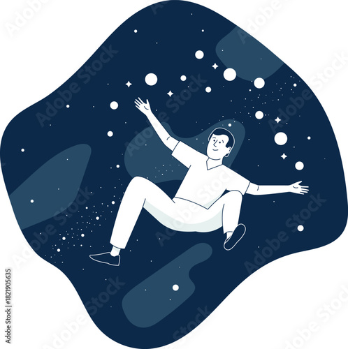 A man is falling through space with his arms outstretched