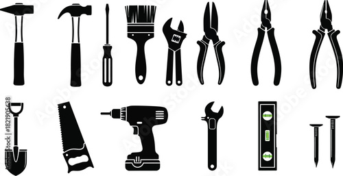 Plum, plier, screwdriver, hammer, wrench, screwdriver, and driller tool collection for construction and repair vector illustration silhouette. 