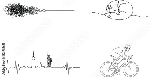 Continuous line drawings set including tangled thread cycling cityscape and sleeping fox designs