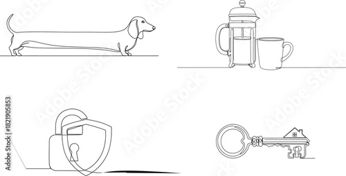 Animals drink security protection vector set dachshund dog french press coffee mug key lock shield art