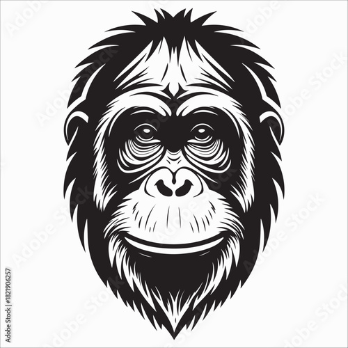 Stylized black and white portrait of a chimpanzee face or gorilla silhouette vector illustration