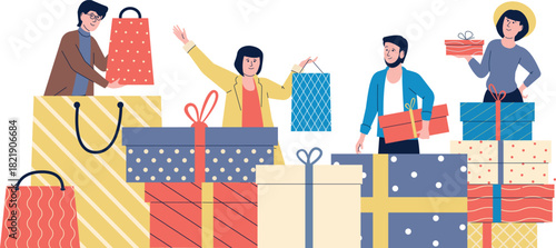 A group of people are standing around a pile of presents