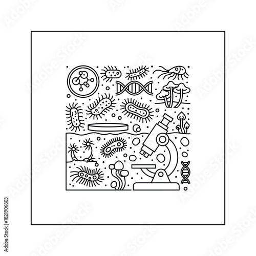 Microbiology and science concept with bacteria, dna, fungi, and microscope