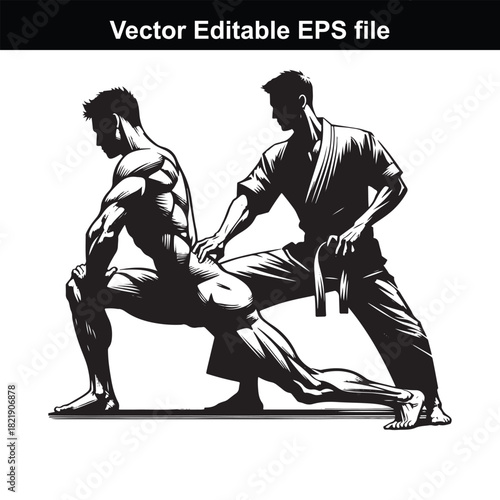 Two martial arts practitioners, one in a lunge stretch with the other assisting, demonstrating discipline and physical training in a dynamic pose, isolated on white background