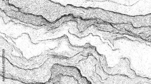 Black and white abstract topographic lines forming mountain ridges and valleys background contour