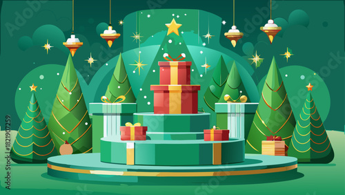 Very beautiful podium pedestal product display set against a green background featuring stylized Christmas trees, creating a festive and elegant holiday-themed scene for showcasing products.