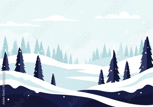 A serene winter landscape illustration featuring snow-covered hills, coniferous trees, and a light blue sky with falling snowflakes.