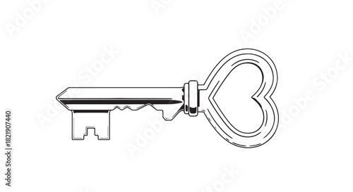 Minimalist line drawing of a vintage key on white background.