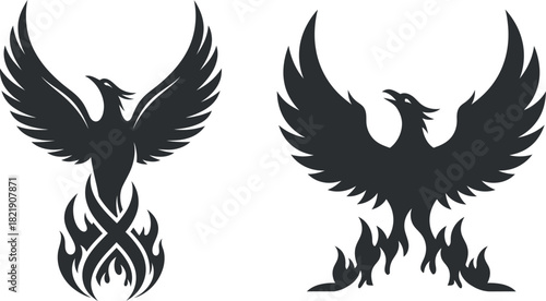 Phoenix bird rising from flames silhouette vector illustration set