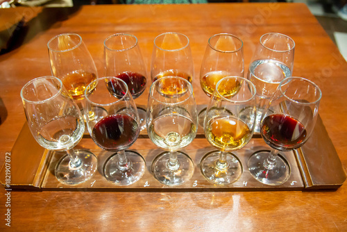 Glass glasses standing in two rows with red and yellow wine tasting drinks. Winemaking viticulture wine blend.