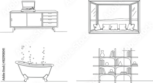 Minimalist line art turntable on wooden sideboard drawers cabinet continuous drawing vector illustration