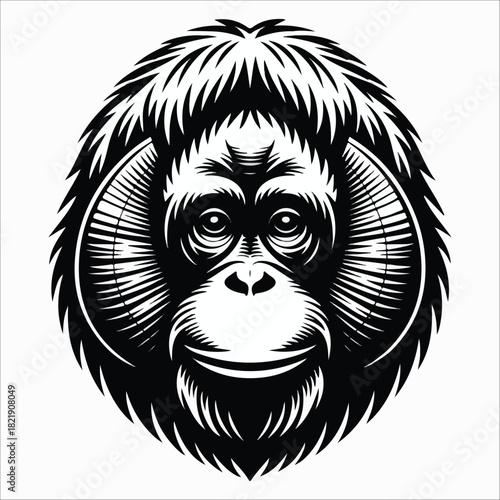 Stylized black and white portrait of a chimpanzee face or gorilla silhouette vector illustration