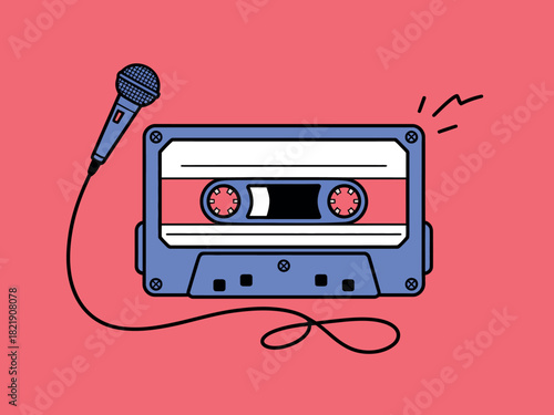 A vintage cassette tape with a microphone connected by a cord sits on a vibrant pink background.