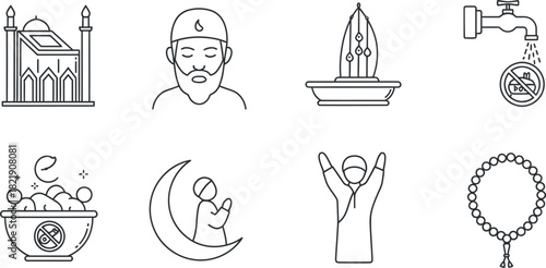 Collection of ramadan and islamic culture related icons in a line art style