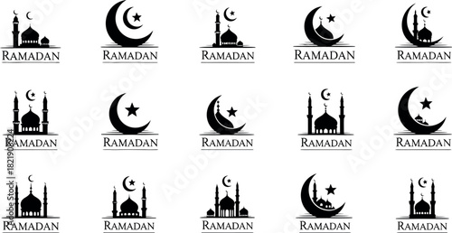 Set of ramadan kareem logo designs with mosque and crescent moon