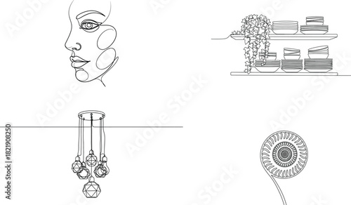 Home interior kitchen shelf decor lighting fixture abstract woman profile face and fern spiral vector line