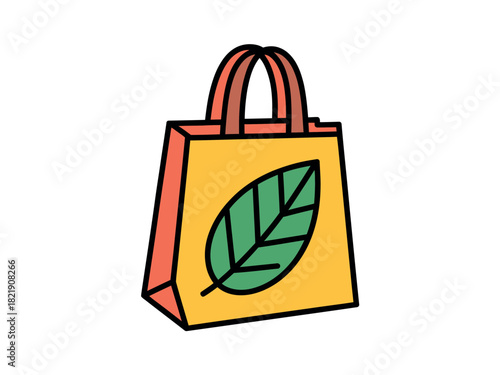A yellow reusable shopping bag with a green leaf symbol is displayed against a white background, symbolizing eco-friendly choices.