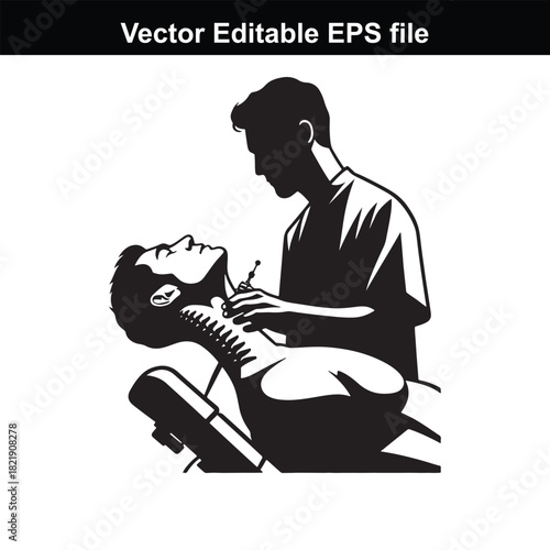 Tattoo artist working on a clients neck, vector illustration, isolated on white background