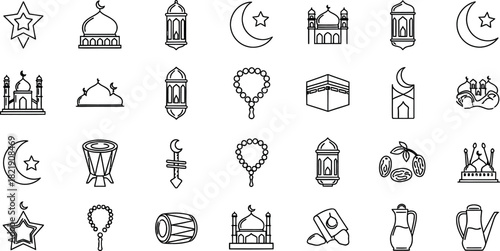 Islamic icon set black and white line art for ramadan and eid