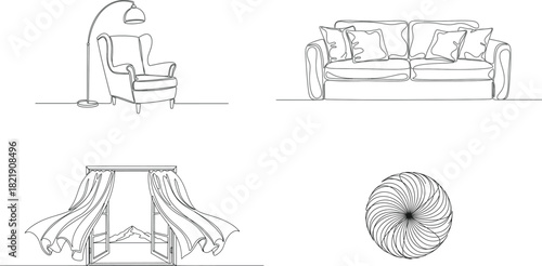 Interior design home furniture and decor elements sofa armchair curtains lamp abstract swirl continuous line art vector