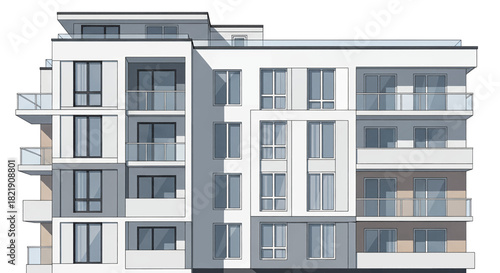 Modern apartment building with balconies and clean lines, perfect for urban living or architectural visualization projects with a minimalist aesthetic