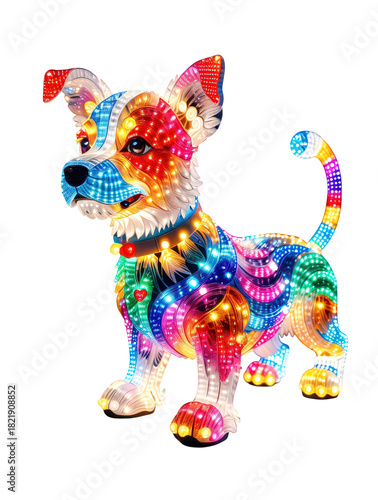 Bright multicolor LED puppy figure with sparkling rainbow hues, great for spring campaigns, pet promotions, and whimsical digital art.