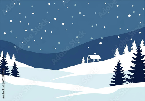 Winter scene illustration with a small house nestled among snow-covered hills and pine trees under a falling snow sky.