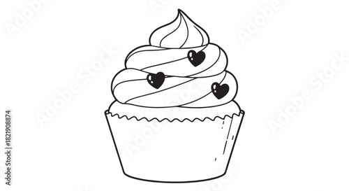 Delicate cupcake with swirled frosting and tiny heart toppings on white background.