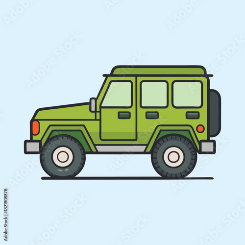 A cartoon illustration of a green offroad vehicle with large tires