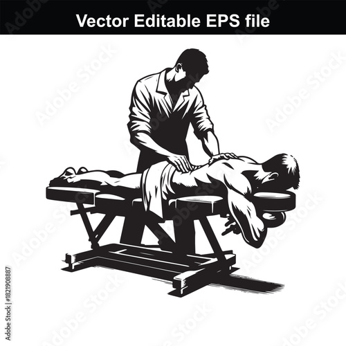 Black and white illustration of a masseur giving a back massage to a person lying on a massage table, isolated on white background