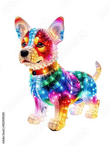 Vibrant LED glowing dog with rainbow lights, perfect for festive pet-themed designs, children's content, and colorful holiday graphics.