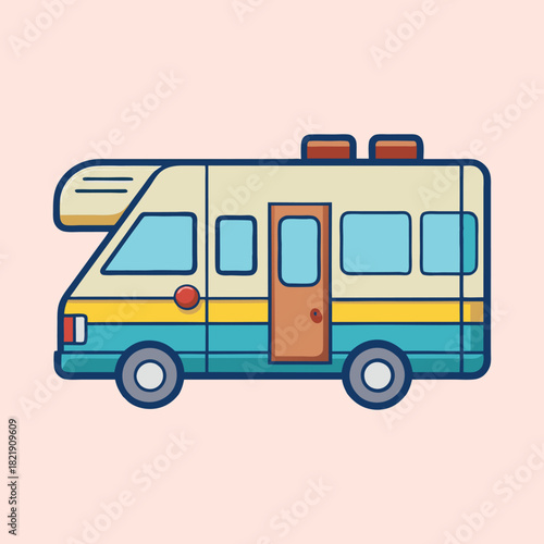 Cartoon style illustration of a recreational vehicle on a light pink background