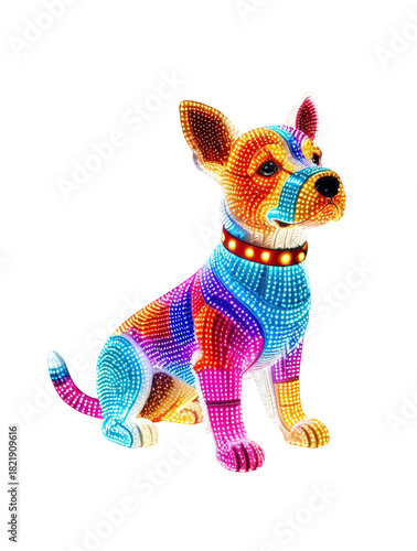 Enchanting glowing dog with cascading rainbow LED lights, perfect for festive decorations, children's parties, and imaginative design projects.