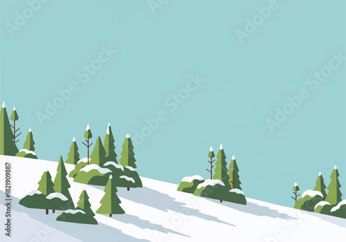 Snowy hillside scene with evergreen trees covered in snow under a light blue sky.