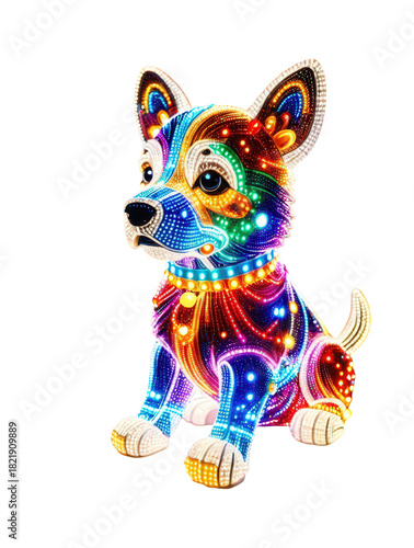 Bright multicolor LED puppy figure with sparkling rainbow hues, great for spring campaigns, pet promotions, and whimsical digital art.